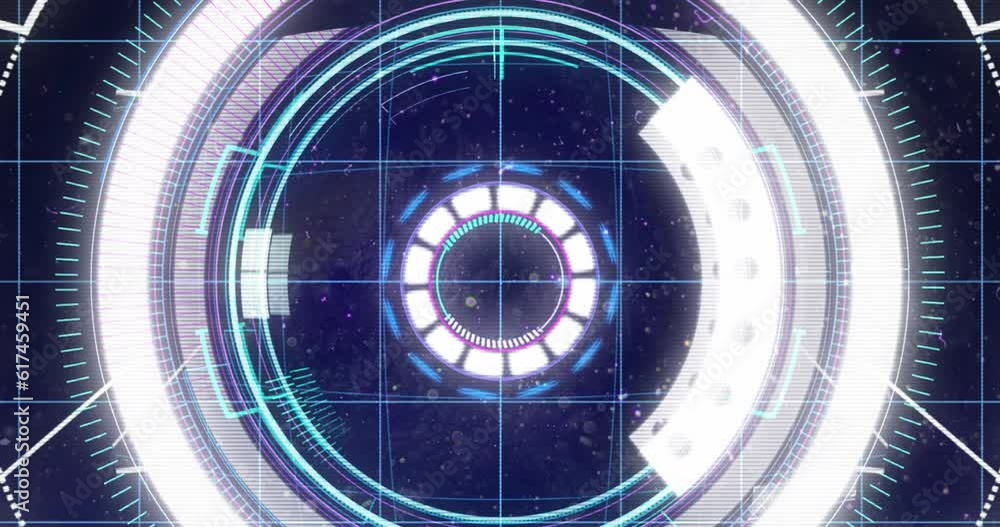 Animation of grid pattern over circles and arc reactor against abstract background Animation of grid pattern over circles and arc reactor against abstract background