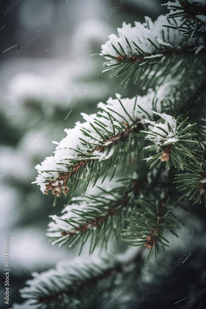 Fir tree branch covered in snow. festive and winter background with copy space. Generative AI Fir tree branch covered in snow. festive and winter background with copy space. Generative AI