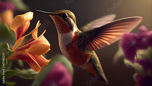 Hummingbird flying to pick up nectar from a beautiful flower Ai generated image