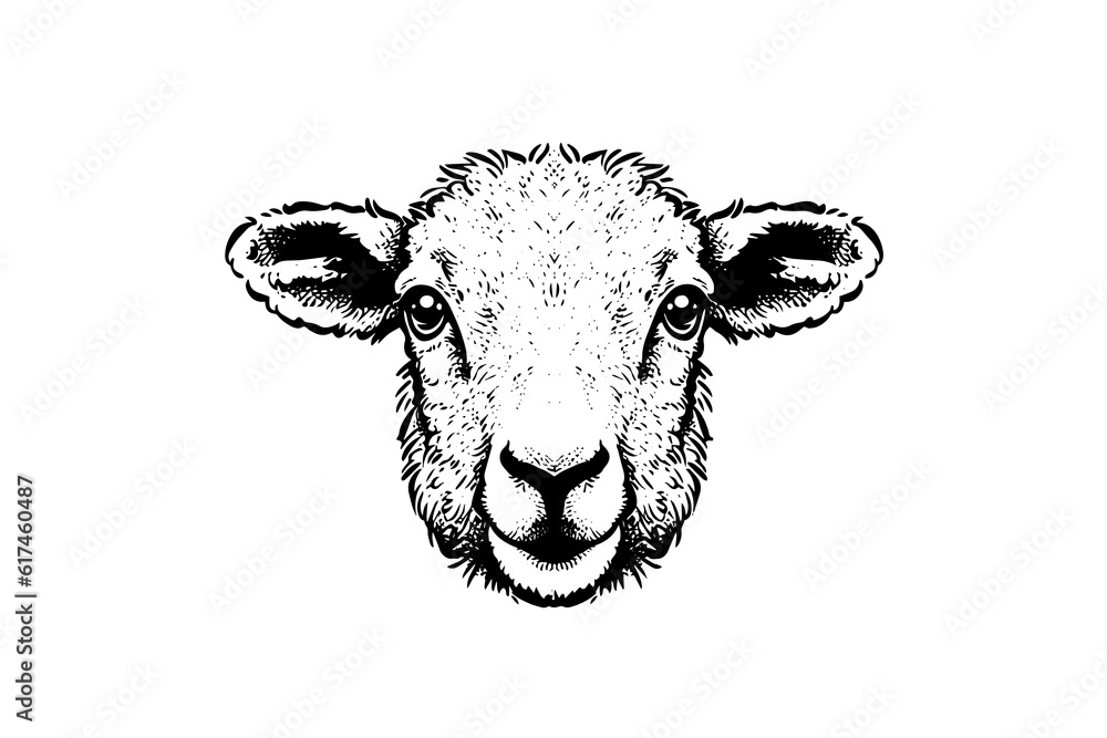 Cute sheep or lamb head engraving style vector illustration. Realistic