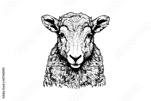 Cute sheep or lamb head engraving style vector illustration.  Realistic image.
