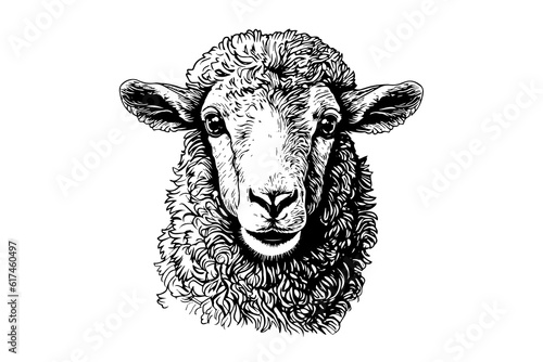 Obraz na plátně Cute sheep or lamb head engraving style vector illustration