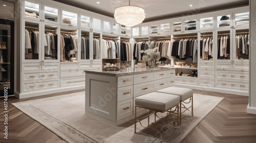 A luxurious walk-in closet filled with organized clothing shoes and accessories featuring a central island for additional storage.