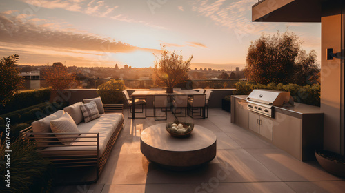 An expansive modern patio with comfortable lounge furniture a built-in grill and a stunning view of the sunset. photo