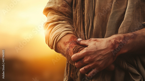 Obraz na płótnie Himmelfahrtskonzept: Die Narben in den Händen Jesu Christi über verschwommenem Sonnenaufgangshintergrund