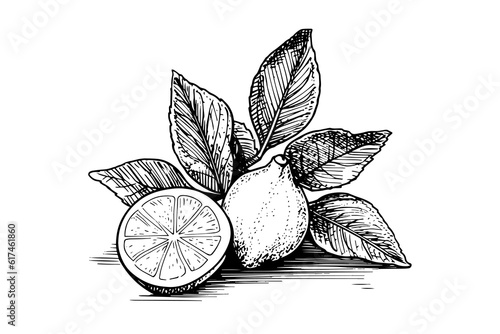 Lemons and mint hand drawn vector illustration. Whole fruit, sliced piece and leaves drawing