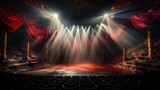 Show stage with red curtains are opening with spotlight performance lights showing photorealistic