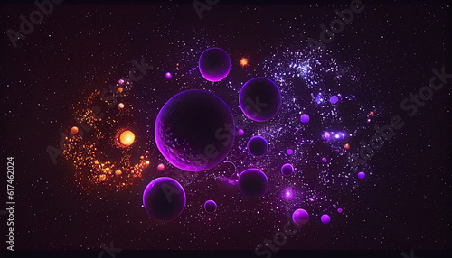 llustrated universe pattern, universe with neon colorful planets and stars on dark background Ai generated image