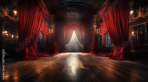 Show stage with red curtains are opening with spotlight performance lights showing photorealistic
