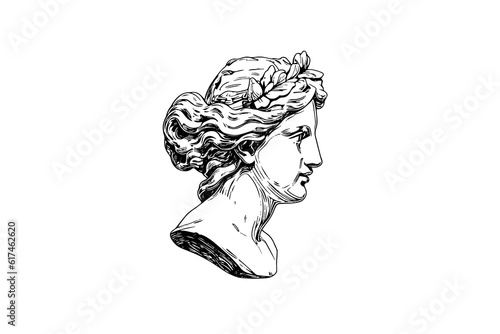 Antique statue head of greek sculpture sketch engraving style vector illustration.