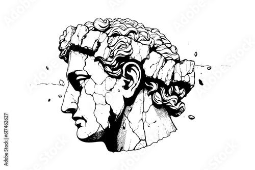 Сracked statue head of greek sculpture sketch engraving style vector illustration. photo