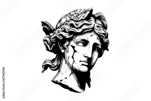 Leinwand Poster Сracked statue head of greek sculpture sketch engraving style vector illustration