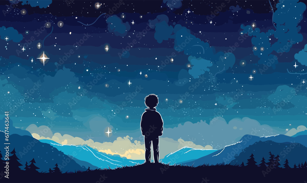 Obraz premium Starry Night Adventure: Vector Illustration of a Boy Gazing at the Sky