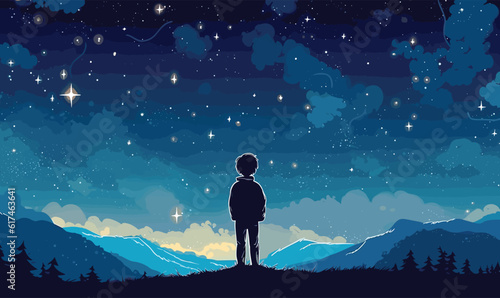 Starry Night Adventure: Vector Illustration of a Boy Gazing at the Sky