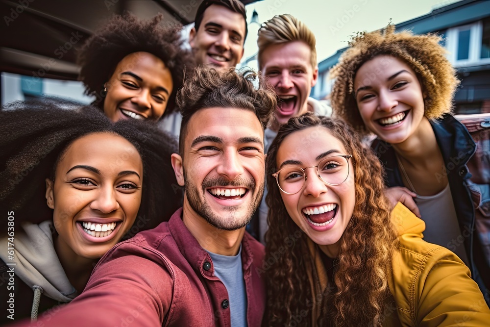 Multiracial group of friends having fun together outdoors on city ...