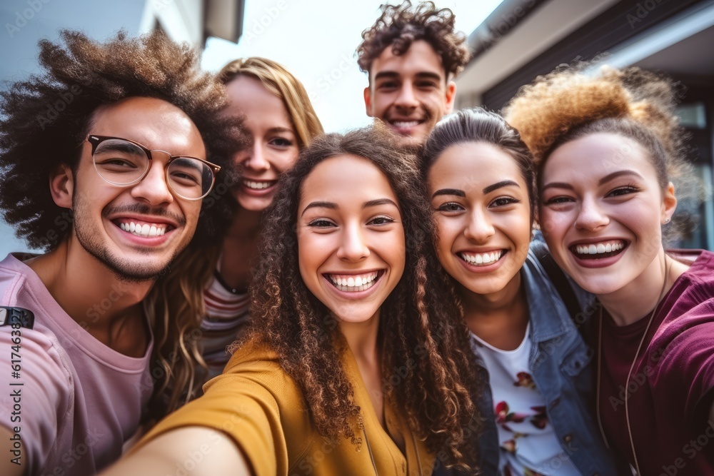 Obraz premium Multiracial group of friends having fun together outdoors on city street- Young cheerful people walking hugging outside- Next gen z lifestyle concept-Smiling student enjoying vacation