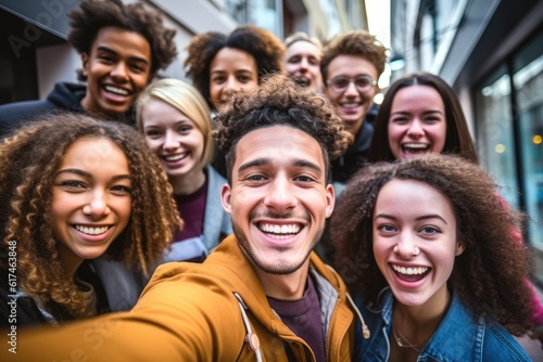 Multiracial group of friends having fun together outdoors on city street- Young cheerful people walking hugging outside- Next gen z lifestyle concept-Smiling student enjoying vacation