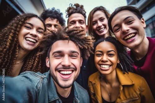 Multiracial group of friends having fun together outdoors on city street- Young cheerful people walking hugging outside- Next gen z lifestyle concept-Smiling student enjoying vacation © Adriana