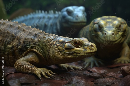 A detailed illustration of a group of reptiles  such as lizards or snakes  in a striking and dynamic natural setting  Generative AI