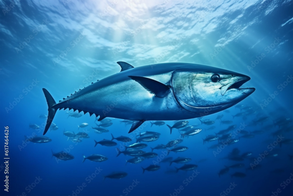 Tuna in the deep blue ocean. Underwater world. 3d rendering Tuna in the deep blue ocean. Underwater world. 3d rendering