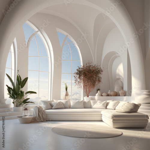 Interior Design. White futuristic living room with unusual windows. AI generative.