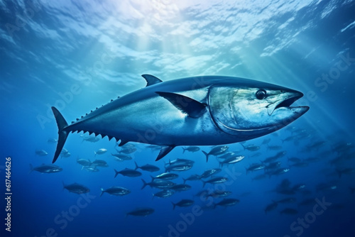 Tuna in the deep blue ocean. Underwater world. 3d rendering © masud