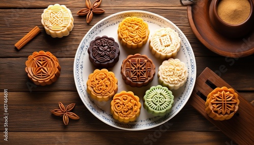 Generative AI illustration of Chinese Mid Autumn Festival moon cakes arranged on a traditional Chinese porcelain plate, set on a rustic wooden table. Flat lay, top down