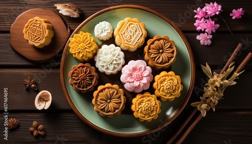 Generative AI illustration of Chinese Mid Autumn Festival moon cakes arranged on a traditional Chinese porcelain plate, set on a rustic wooden table. Flat lay, top down