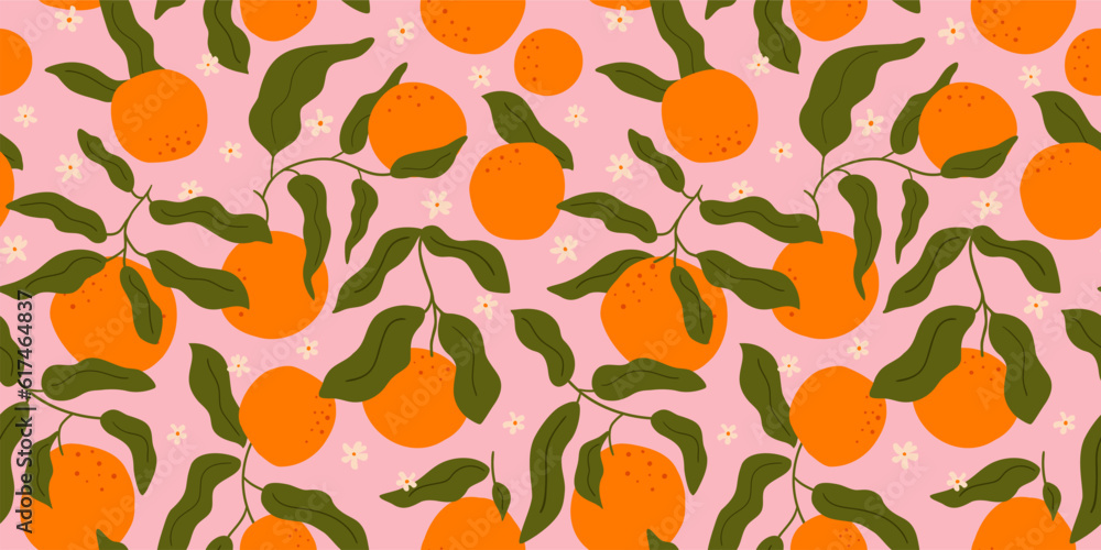 Orange fruit seamless pattern in abstract Matisse style. Tropical summer fruit on pink background. Citrus, curve leaves, tiny flowers print. Hand drawn vector fabric design, summer textile, wallpaper.
