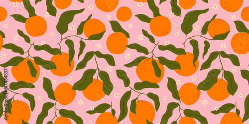 Obraz na płótnie Orange fruit seamless pattern in abstract Matisse style. Tropical summer fruit on pink background. Citrus, curve leaves, tiny flowers print. Hand drawn vector fabric design, summer textile, wallpaper. w salonie