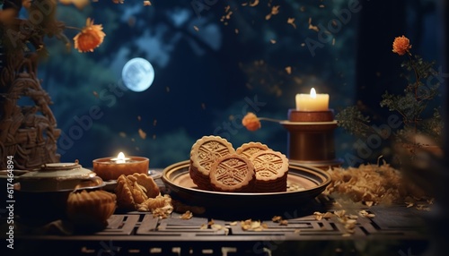 Generative AI illustration of Chinese Mid Autumn Festival moon cakes arranged on a traditional Chinese porcelain plate, set on a rustic wooden table