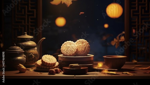Fotografiet Generative AI illustration of Chinese Mid Autumn Festival moon cakes arranged on