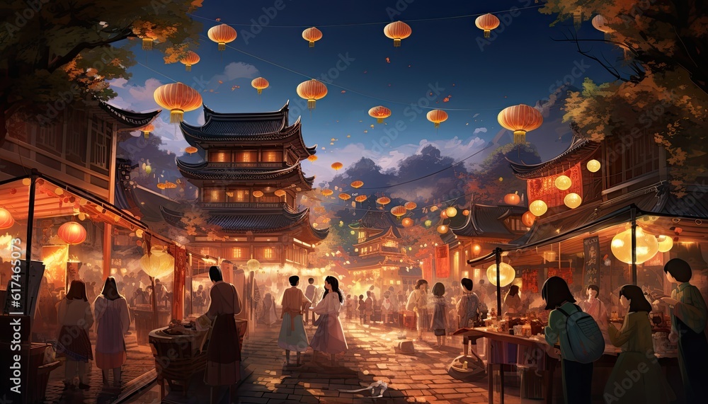 Generative AI illustration of campus, Mid Autumn festival party, students, flat illustration, children dressed in Hanfu, visiting the market