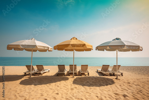 Sun loungers put next to each other under umbrellas on the beach photography