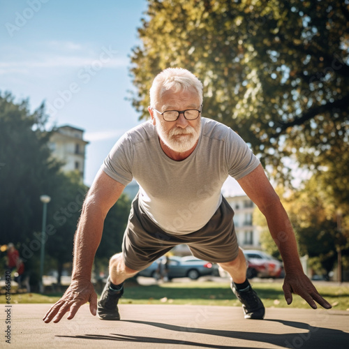 Senior man doing sports in the park. Generative AI.