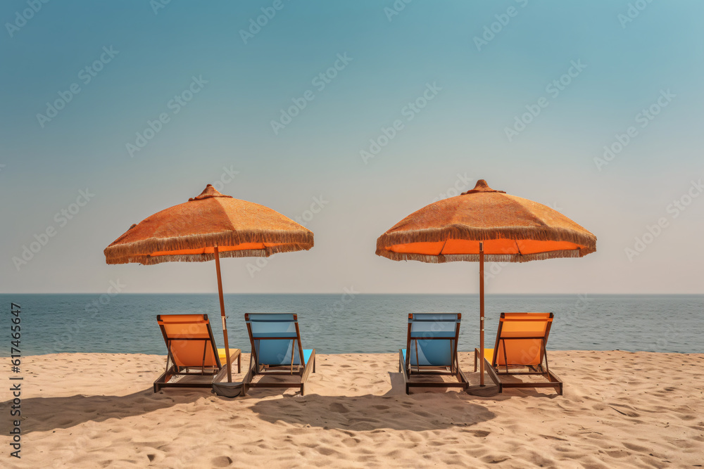 Sun loungers put next to each other under umbrellas on the beach photography