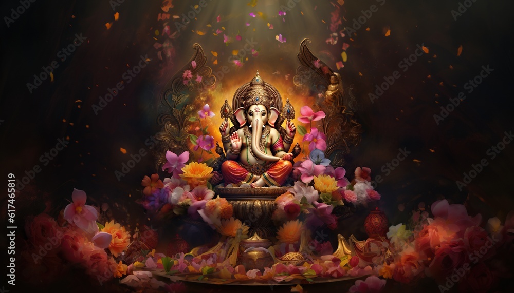 custom made wallpaper toronto digitalGenerative AI illustration of Ganesha Hindu God, with flowers, oil painting taken up into heaven, sitting in front of bokeh mandala background
