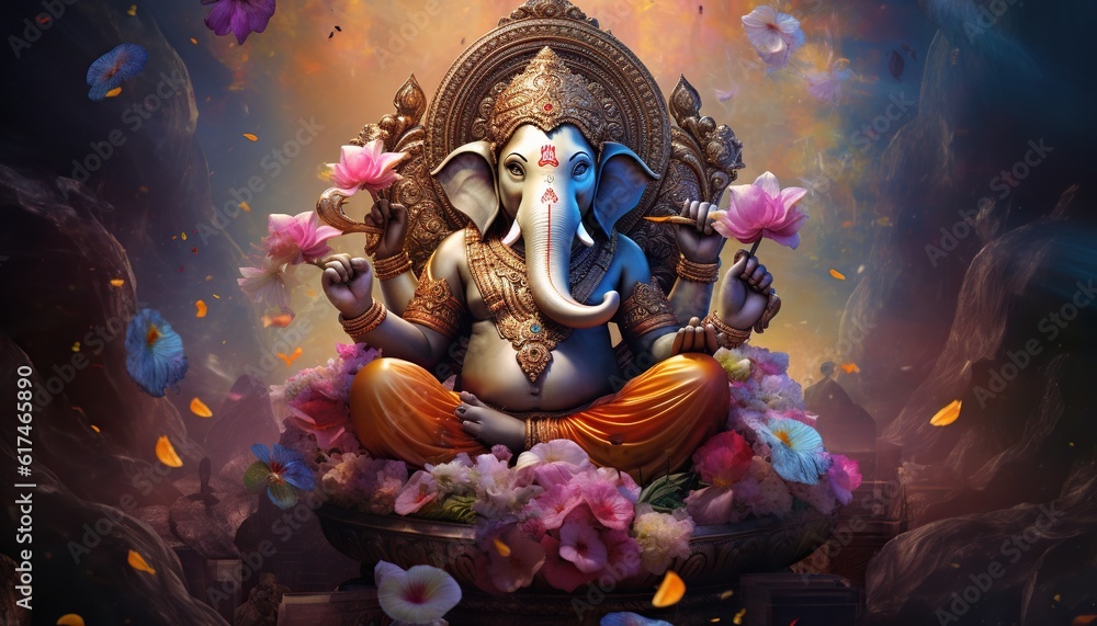 Generative AI illustration of Ganesha Hindu God, with flowers, oil painting taken up into heaven, sitting in front of bokeh mandala background - obrazy, fototapety, plakaty 
