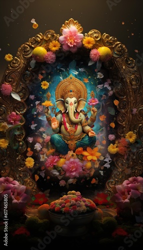 Generative AI illustration of Ganesha Hindu God, with flowers, oil painting taken up into heaven, sitting in front of bokeh mandala background