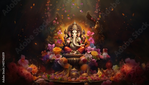 Generative AI illustration of Ganesha Hindu God, with flowers, oil painting taken up into heaven, sitting in front of bokeh mandala background