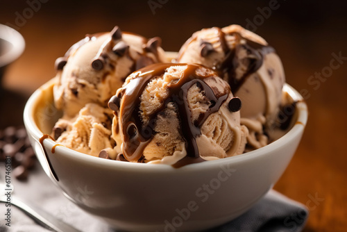 Bowl of delicious coffee ice cream with chocolate chips. Generative AI and digital editing