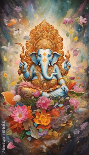 Generative AI illustration of Ganesha Hindu God, with flowers, oil painting taken up into heaven, sitting in front of bokeh mandala background