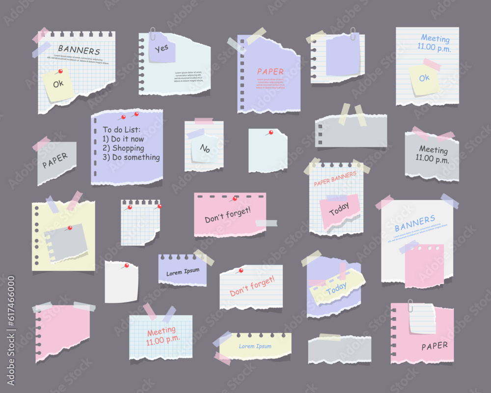 Paper sticky notes, memo messages, notepads and torn paper sheets. Blank notepaper of meeting reminder, to do list and office notice or information board with appointment notes. Vector eps 10 - obrazy, fototapety, plakaty 