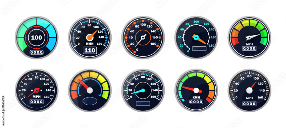 Car speedometers on black background for transportation, racing or ...