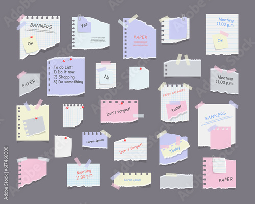 Paper sticky notes, memo messages, notepads and torn paper sheets. Blank notepaper of meeting reminder, to do list and office notice or information board with appointment notes. Vector eps 10 photo