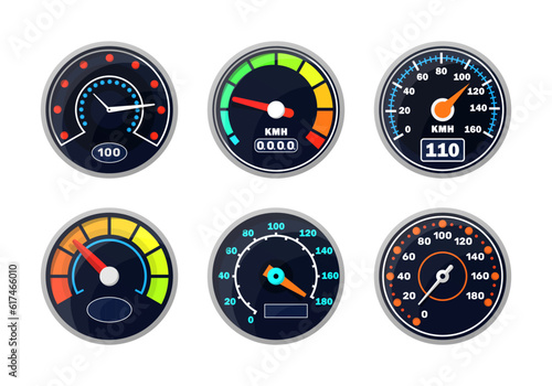 Icon for download progress display, performance indicator. Analog instrument for measuring speed and futuristic speedometer. Technological gauge with an arrow or pointer. Vector illustration, eps 10.