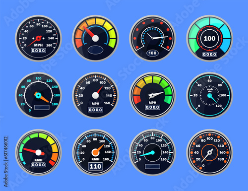 Icon for download progress display, performance indicator. Analog instrument for measuring speed and futuristic speedometer. Technological gauge with an arrow or pointer. Vector illustration, eps 10.