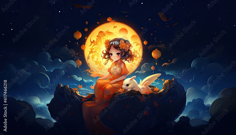 Fototapeta premium Generative AI illustration of Mid Autumn Festival, a lovely fairy, dressed in ancient Chinese clothes, and a rabbit playing beside the girl, moon cakes, auspicious clouds, behind a huge moon, fantasy