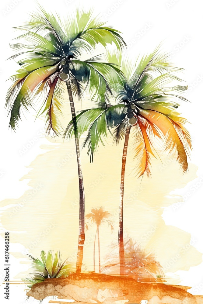 Palm trees on the beach. Hand-drawn watercolor illustration. Greeting card.