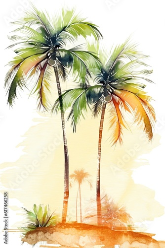 Palm trees on the beach. Hand-drawn watercolor illustration. Greeting card. © Design Ful